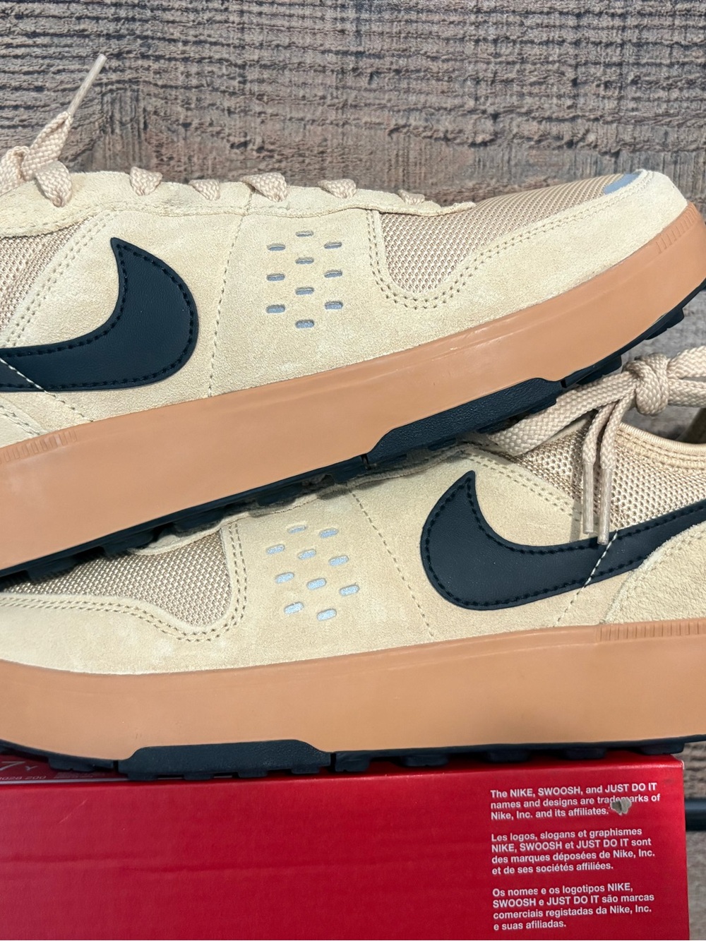 Nike Men’s Beige Suede Sneakers with Black Swoosh and Gum Sole